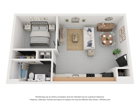 Floor plan for 1 bed, 1 bath, 690 sqft